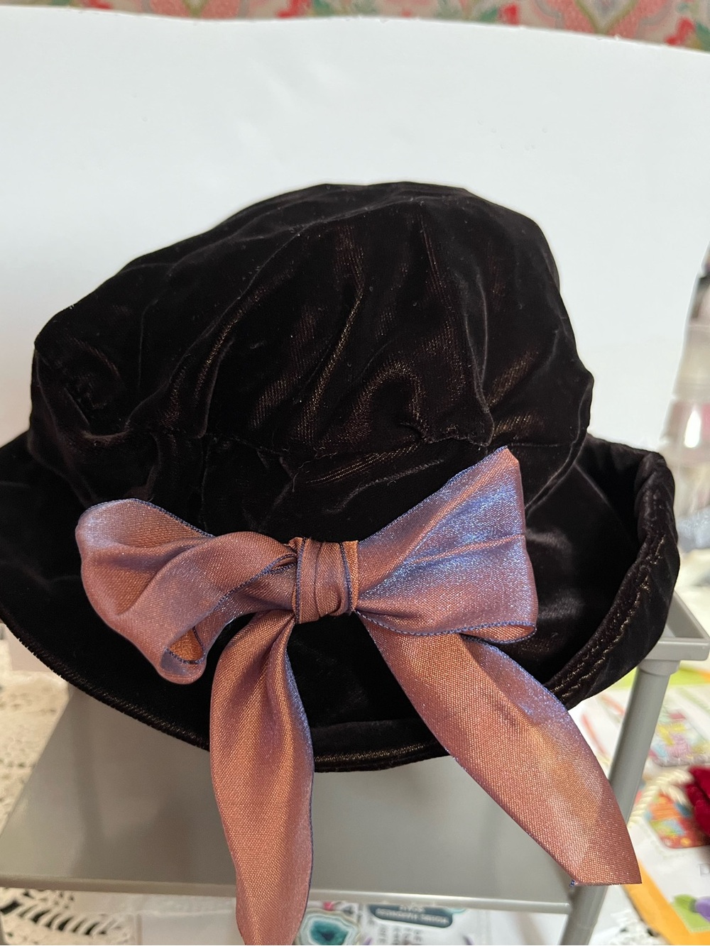 Gm woggle bugs Brown Velvet Bucket Hat with Shimmery Rose Bow